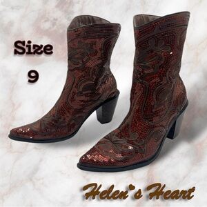 Helen's Heart| Embellished Sequin Burgundy Bronze Western Boot Size 9